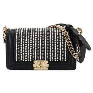 CHANEL Boy Chanel Pearl motif Chain Shoulder Bag Leather Black A67086 90280563